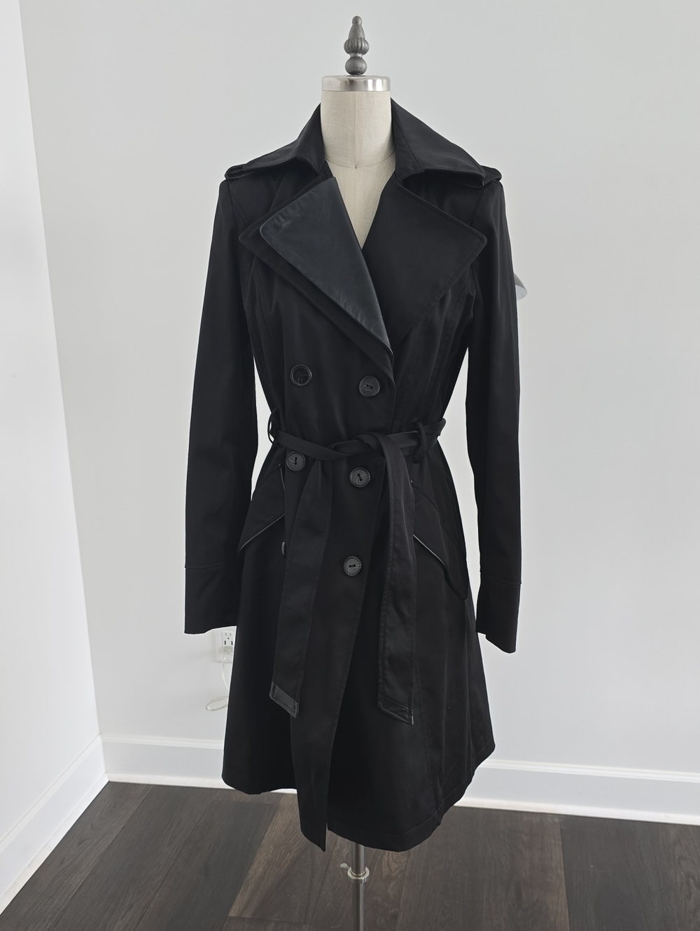 Tumi Black Double-Breasted Trench Coat with Belt